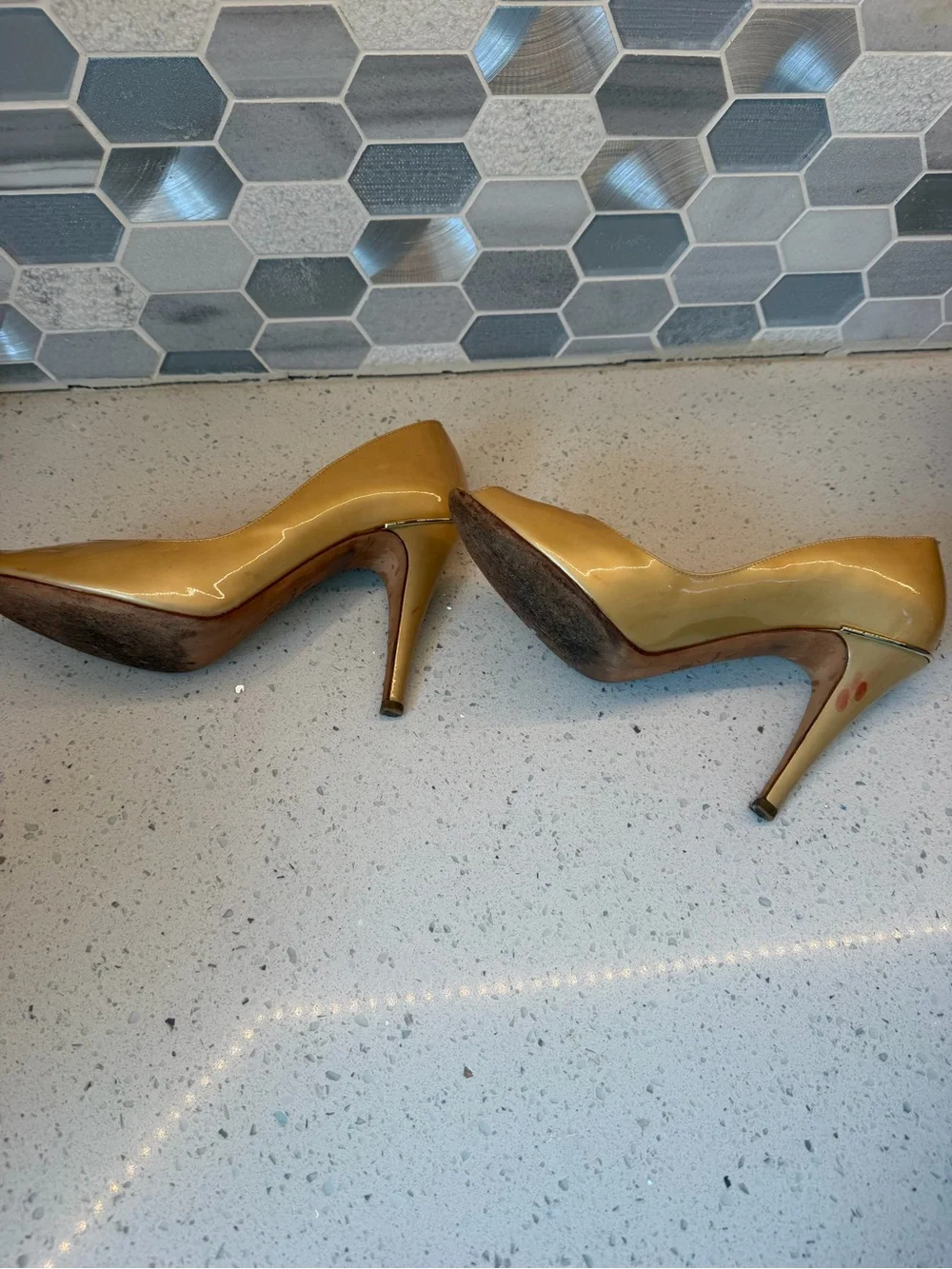Name Your Price. CHANEL Gold Patent Leather Heels with CC Logo